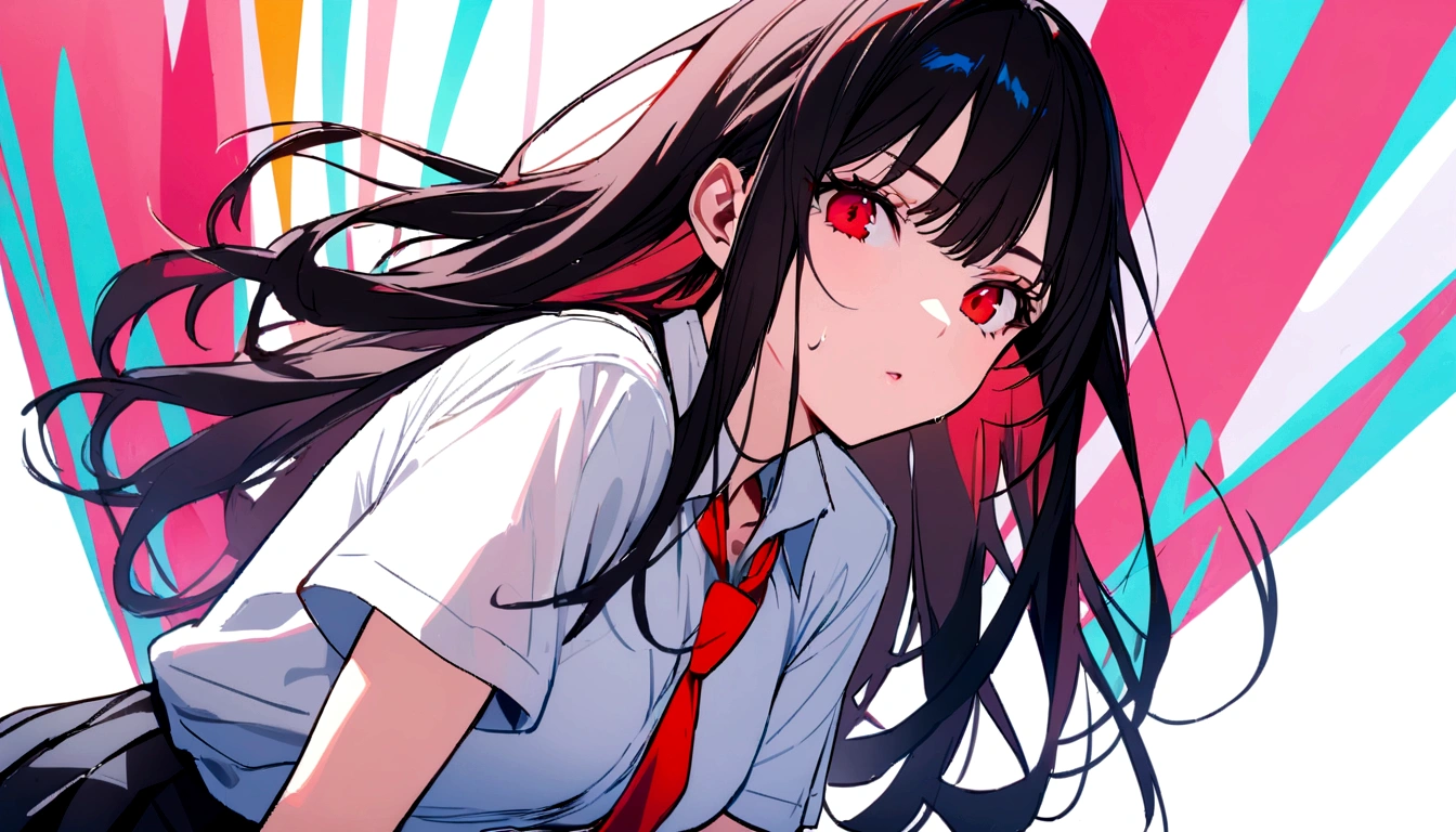(One age girl) with black hair, unkempt hair,,,,,,,,,, messy hair, red tired eyes, In Japanese school uniform, bare feet. bags under eyes, Lots of eye shadow,, yandere, Crazy evil smile with teeth with a contemptuous look from above