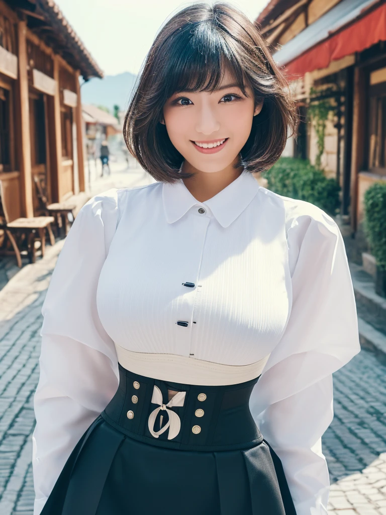 ((Highest quality、8K、masterpiece:1.3)), whole body, Sharp focus:1.2, Beautiful woman with perfect figure:1.4, Slim Abs:1.1, On the bed, ((Shortcuts、Big Breasts:1.2)), (White collared shirt, Black underbust corset and tight skirt combination, The valley is open, Big with buttons about to burst , Slim and toned waist, Smiling for the camera:1.2), Highly detailed face and skin texture, Fine grain, double eyelid