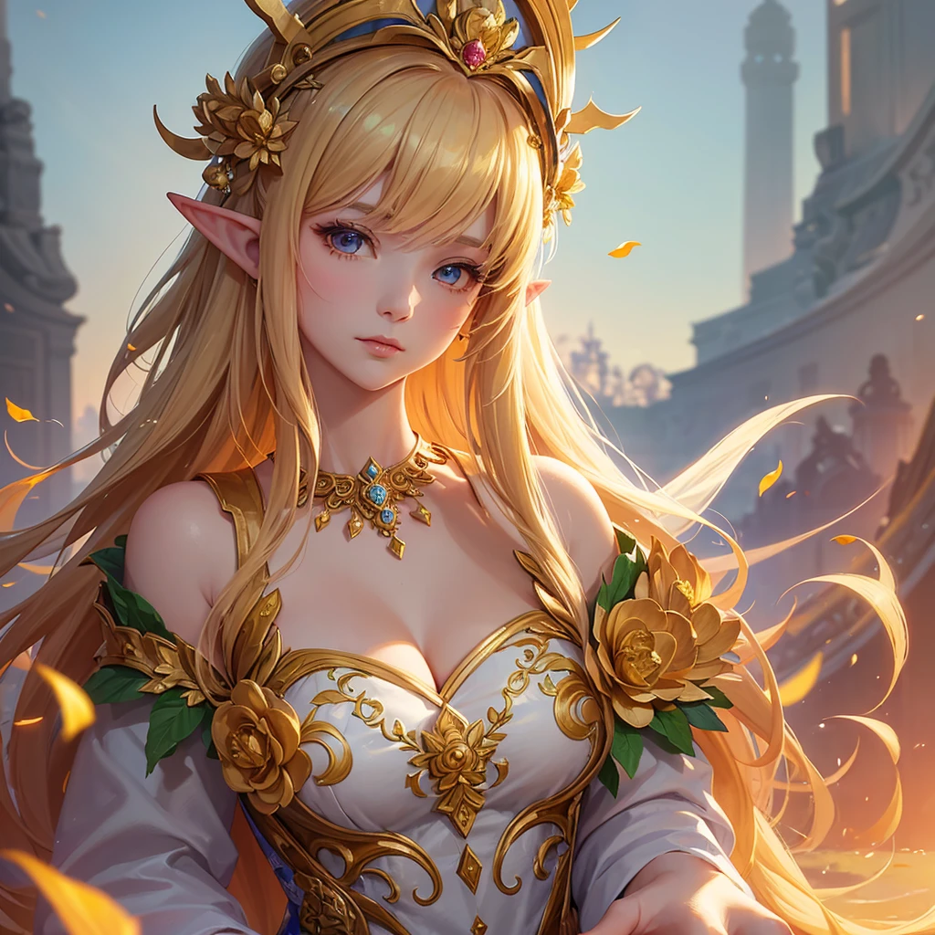 Greek goddess Aphrodi, beauty, blonde hair, purple skin, elf, red dress, white sleeves, golden bra,
