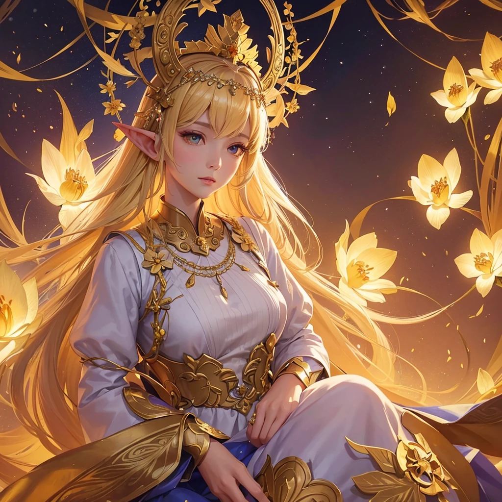 a close up of a woman in a dress with flowers in her hair, a character portrait inspired by Yang Jin, trending on cg society, fantasy art, ((a beautiful fantasy empress)), a beautiful fantasy empress, anime goddess, gilded lotus princess, 8k high quality detailed art, portrait knights of zodiac girl, beautiful and elegant elf queen, beautiful celestial mage