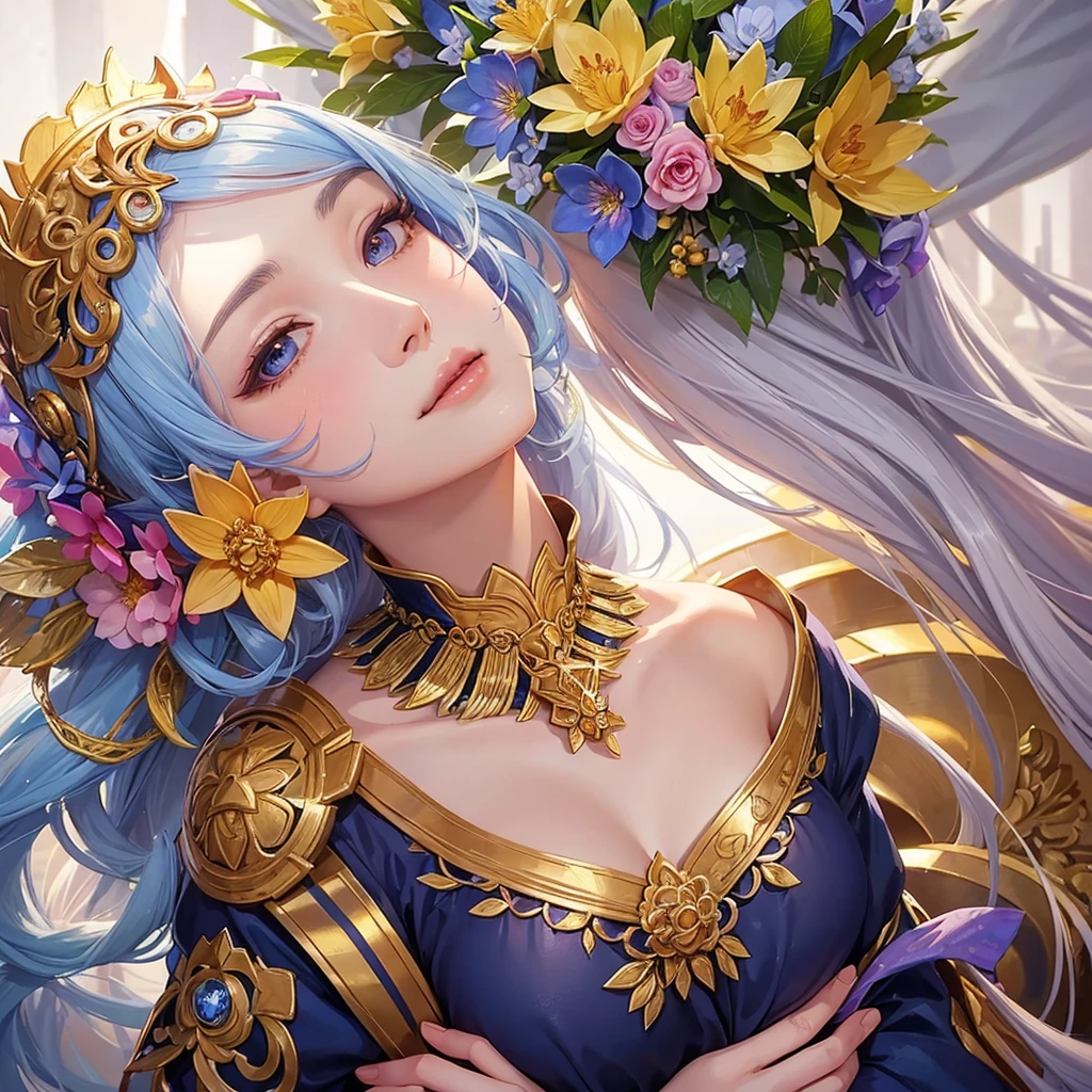 a close up of a woman in a dress with flowers in her hair, a character portrait inspired by Yang Jin, trending on cg society, fantasy art, ((a beautiful fantasy empress)), a beautiful fantasy empress, anime goddess, gilded lotus princess, 8k high quality detailed art, portrait knights of zodiac girl, beautiful and elegant elf queen, beautiful celestial mage