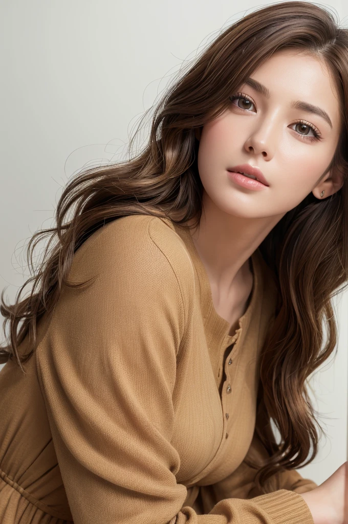 (masterpiece:1.3), (8K, Realistic, RAW Photos, Highest quality: 1.4), (One Girl), Beautiful Face, (Realistic Face), (Brown Hair, Short hair with loose waves:1.3), Beautiful Hairstyles, Realistic eyes, Beautiful details, (Realistic Skin,Landscape,Look away,Looking Up,Brush your hair up), Beautiful Skin, (Nice dress,Big size,Black Dress,Long sleeve), Absurd, charm, Ultra-high resolution, Ultra-realistic, Very detailed, Golden Ratio,White wall,