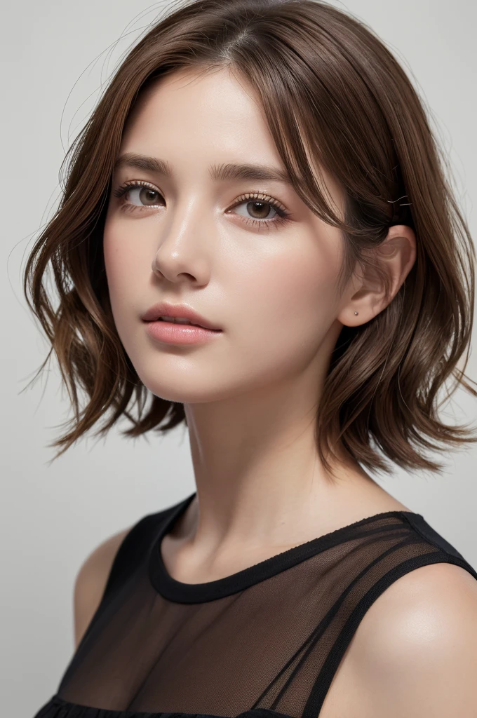 (masterpiece:1.3), (8K, Realistic, RAW Photos, Highest quality: 1.4), (One Girl), Beautiful Face, (Realistic Face), (Brown Hair, Short hair with loose waves:1.3), Beautiful Hairstyles, Realistic eyes, Beautiful details, (Realistic Skin,Landscape,Look away,Looking Up,Brush your hair up), Beautiful Skin, (Nice dress,Big size,Black Dress,Long sleeve), Absurd, charm, Ultra-high resolution, Ultra-realistic, Very detailed, Golden Ratio,White wall,