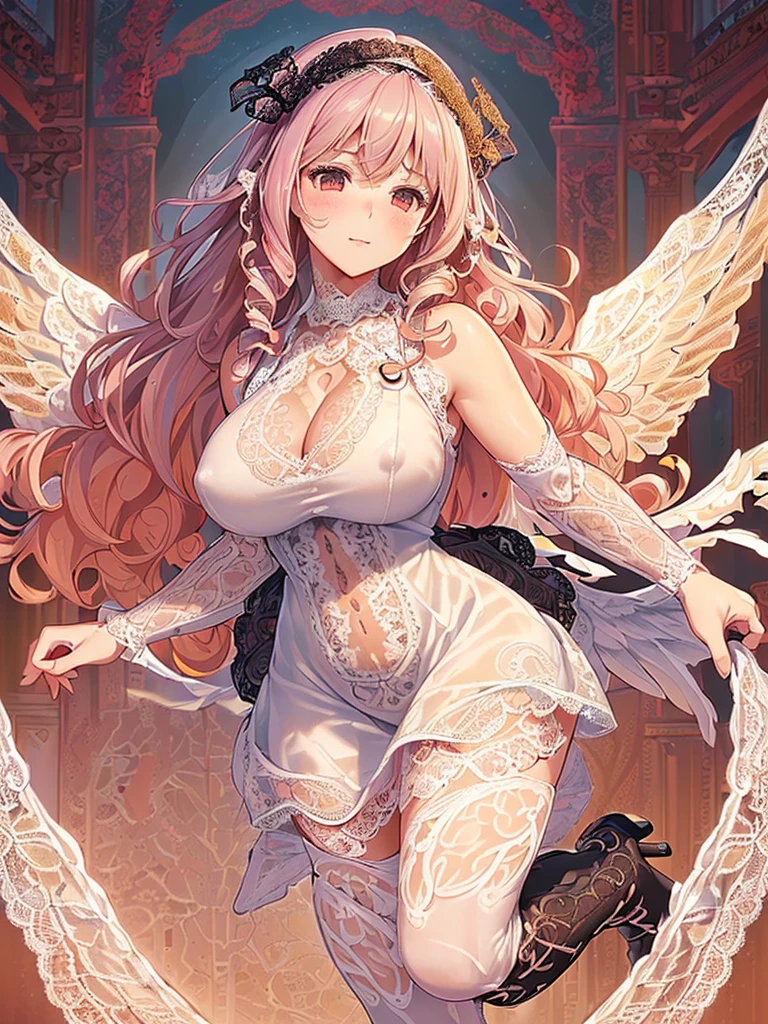((Highest quality)),(Ultra-high resolution),(Very detailed),(Detailed Description),((The best CG)),(A masterpiece),Ultra-detailed art,Amazing painting art,(Works with precise details:1.5), (1 female:1.6),(Beautiful and well-proportioned face:1.5),(Curly Hair:1.6),(Intricately detailed lace dress:2.0),Fine jewellery with exquisite detailing:1.5,Waist Accessories:1.5,Look at me and smile:1.5, See-through nipples, Angel Girl, (((Magnificent white angel wings on his back:1.2))), Mature Woman,Descended into the church,(Pastel colored hair:1.3),(Red and black long high heel boots:1.4), (garter belt), (stockings)、 (Floating in the sky with magical powers:1.2),(Floating skirt:1.5), (Embarrassed expression, blush:1.2),(bracelet),(heart choker)