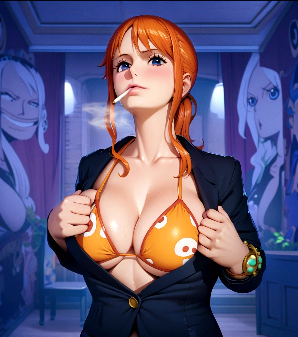 a cartoon picture of a woman in a bikini top and jeans, nami one piece, nami from one piece, nami, beautiful portrait of nami, from one piece, oppai, blue eyes, smoking, ponytail, nsfw