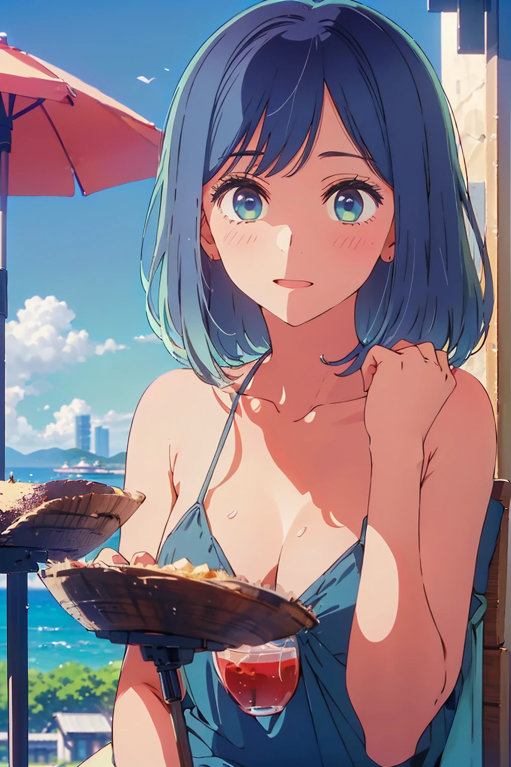 (Highest quality:1.4、masterpiece:1.4、Super detailed:1.4、8K:1.4)、F cup bust、Big Breasts、Slim body、((((1 person、Surprised expression、sit、Chair、In the background are the urban buildings of Tokyo、looking at the camera、Outdoor café terrace、coastal、Navy hair color、juice、Shooting up close、table、Very cute face))))、(Pose of putting hair behind ears with hands:1.4、Cheek resting on hand:1.4)、((nude、Areola、bikini size too small))、Very blue sky、A completely cloudless sky、Big eyes、((((Shallow depth of field))))