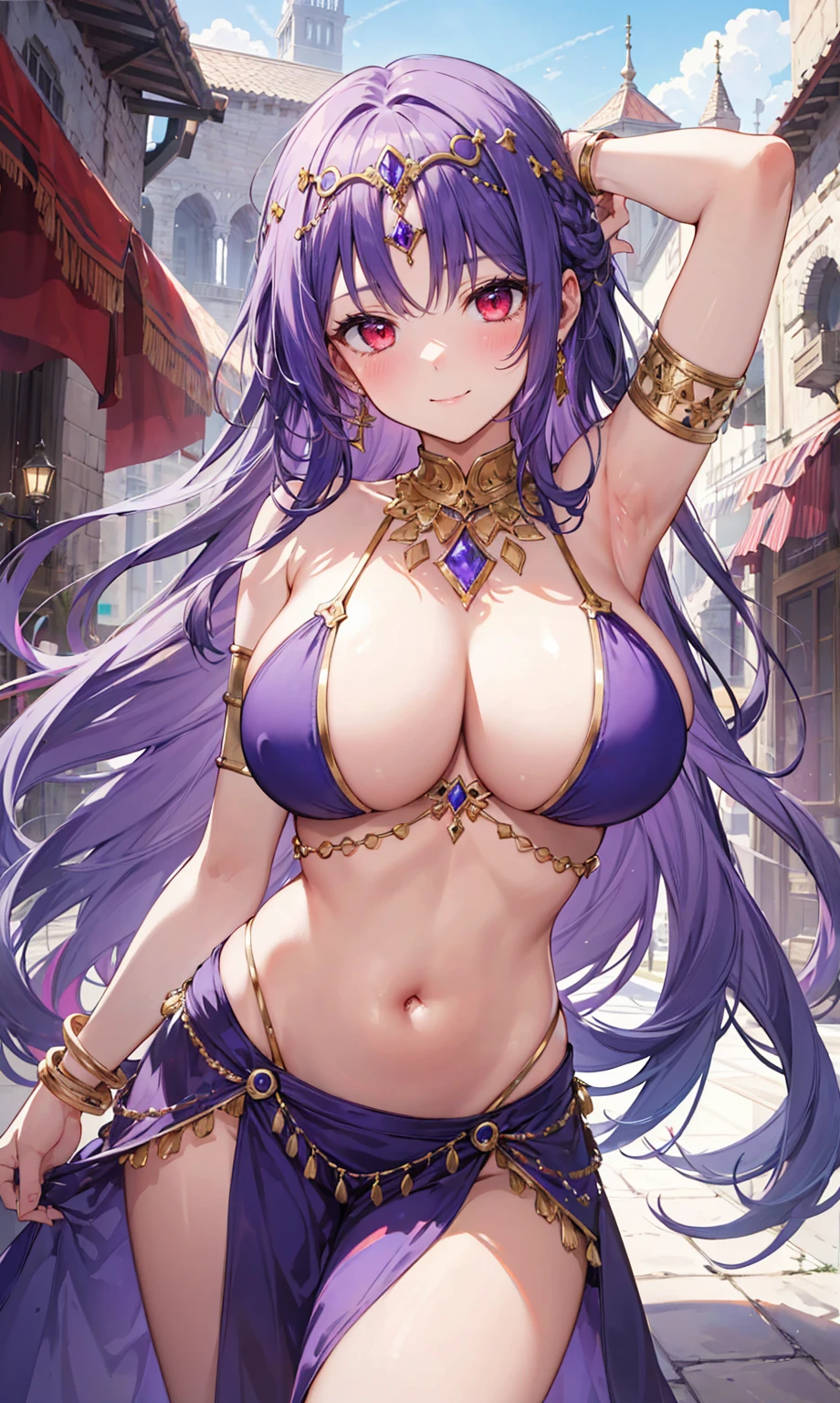high quality, ultra detailed, best quality, insanely detailed, beautiful, masterpiece, 1girl, medieval plaza, cowboy shot, red eyes, long hair, purple hair, belly dancer, circlet, earrings, armlets, bracelets, bashful smile, large breasts, cleavage, soft stomach