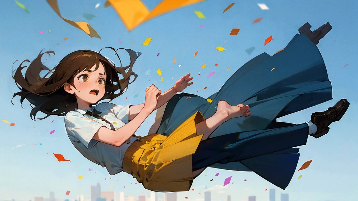 ((Highest quality)), ((masterpiece)), ((Very detailed)),Floating Girl,Angry expression，Confetti，Brown Hair,tears,Blue sky background,Feet in the air,tears,Long skirt,loafers,Raise both hands,falling girl