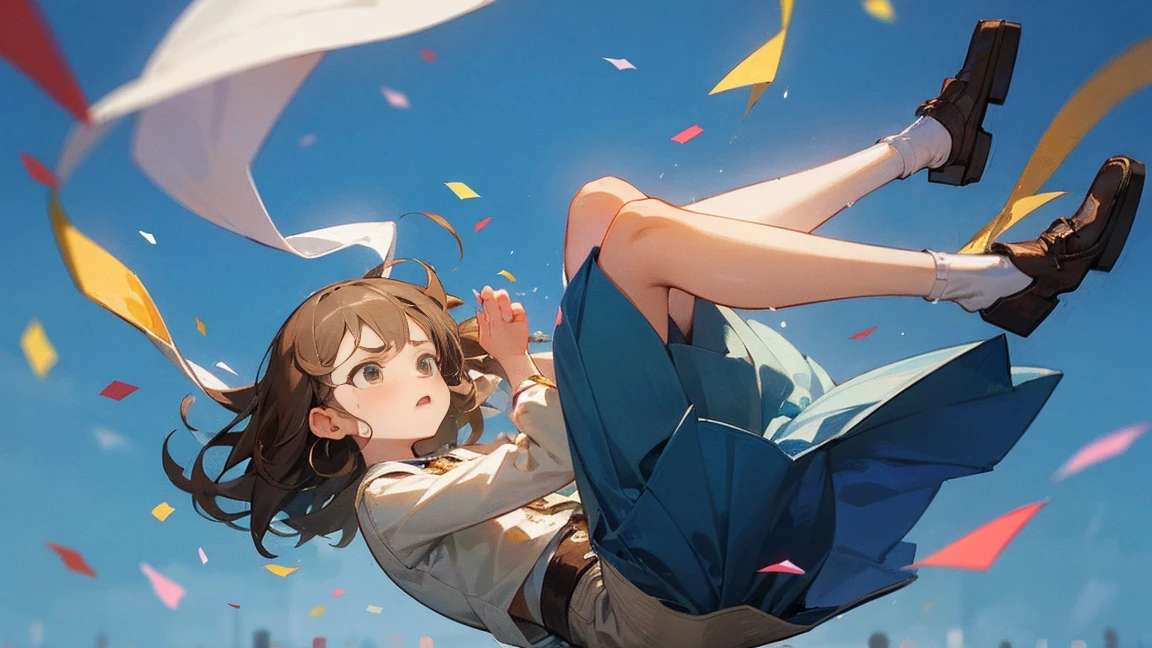 ((Highest quality)), ((masterpiece)), ((Very detailed)),Floating Girl,Angry expression，Confetti，Brown Hair,tears,Blue sky background,Feet in the air,tears,Long skirt,loafers,Raise both hands,falling girl