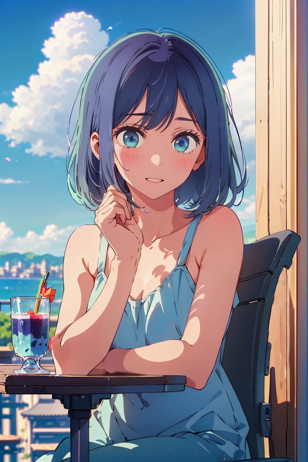 (Highest quality:1.4、masterpiece:1.4、Super detailed:1.4、8K:1.4)、F cup bust、Big Breasts、Slim body、((((1 person、Surprised expression、sit、Chair、In the background are the urban buildings of Tokyo、looking at the camera、Outdoor café terrace、coastal、Navy hair color、juice、Shooting up close、table、Very cute face))))、(Pose of putting hair behind ears with hands:1.4、Cheek resting on hand:1.4）、((nude、Areola、camisole))、Very blue sky、A completely cloudless sky、Big eyes、((((Shallow depth of field))))