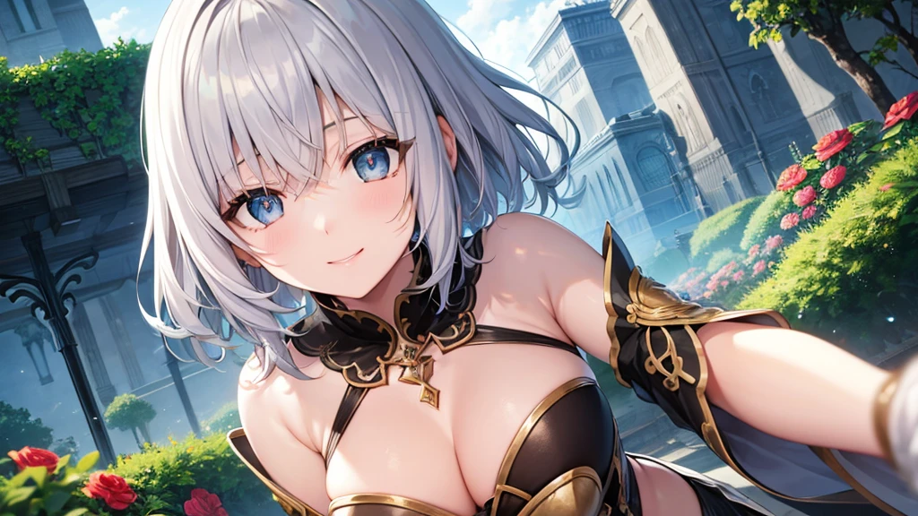 Her eyes were shining、Mysterious and enchanting atmosphere。With AI Painting、とてもShort Hair, Long bangs between the eyes, Very detailed,(masterpiece、Highest quality)、alone、Gray Hair、Fantasy, Silver Hair, Fantasyな風景、White shirt、smile、Open your mouth、Scarf、short hair、Short Hair、hairpin、black eye、Grey Eyes、Beautiful Eyes