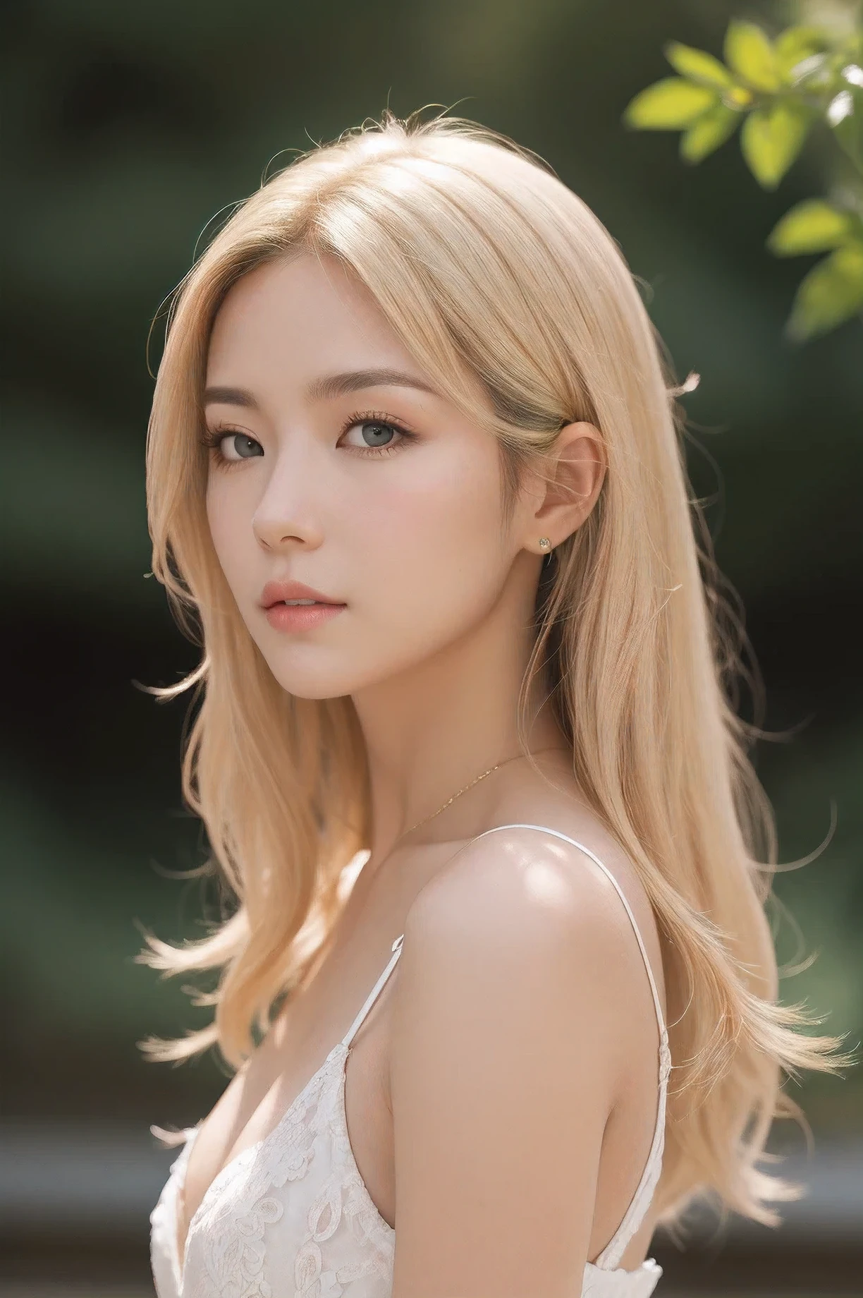 Realistic , beautiful blonde woman facing forward looking directly forward