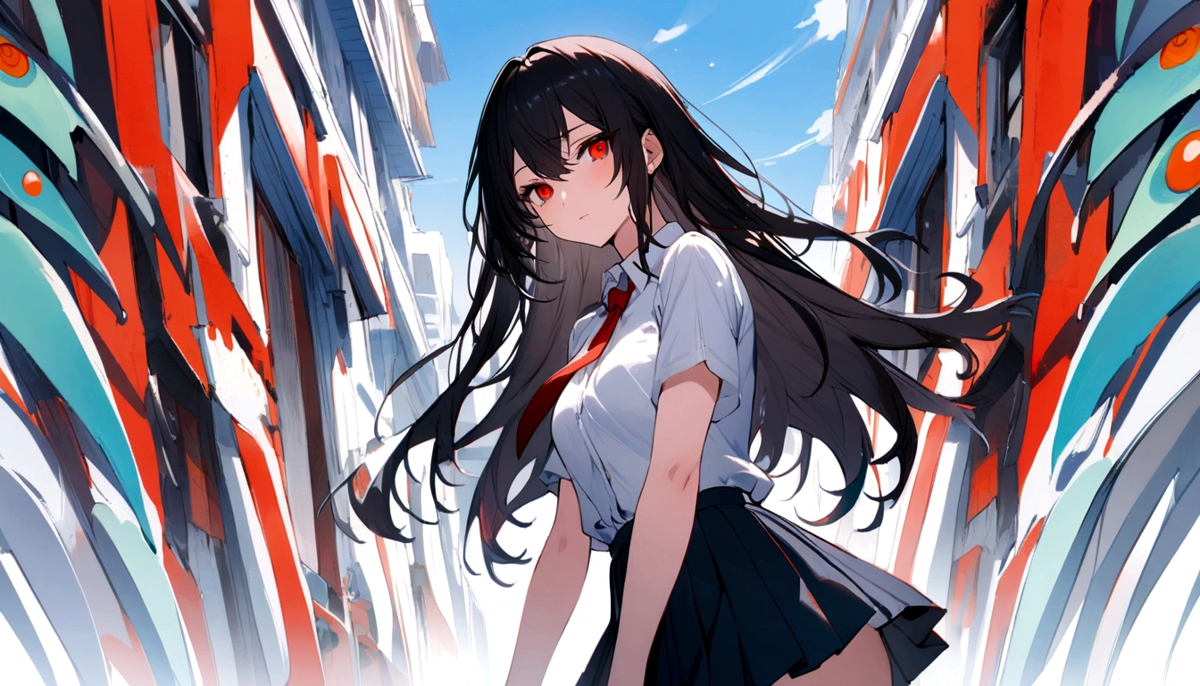 Red eyes, Black Hair, Long Hair,tie, girl,One person,
Collared shirt, White shirt, Short sleeve, Pleated skirt, student, Highest quality, masterpiece, High resolution, summer, Xin Haicheng