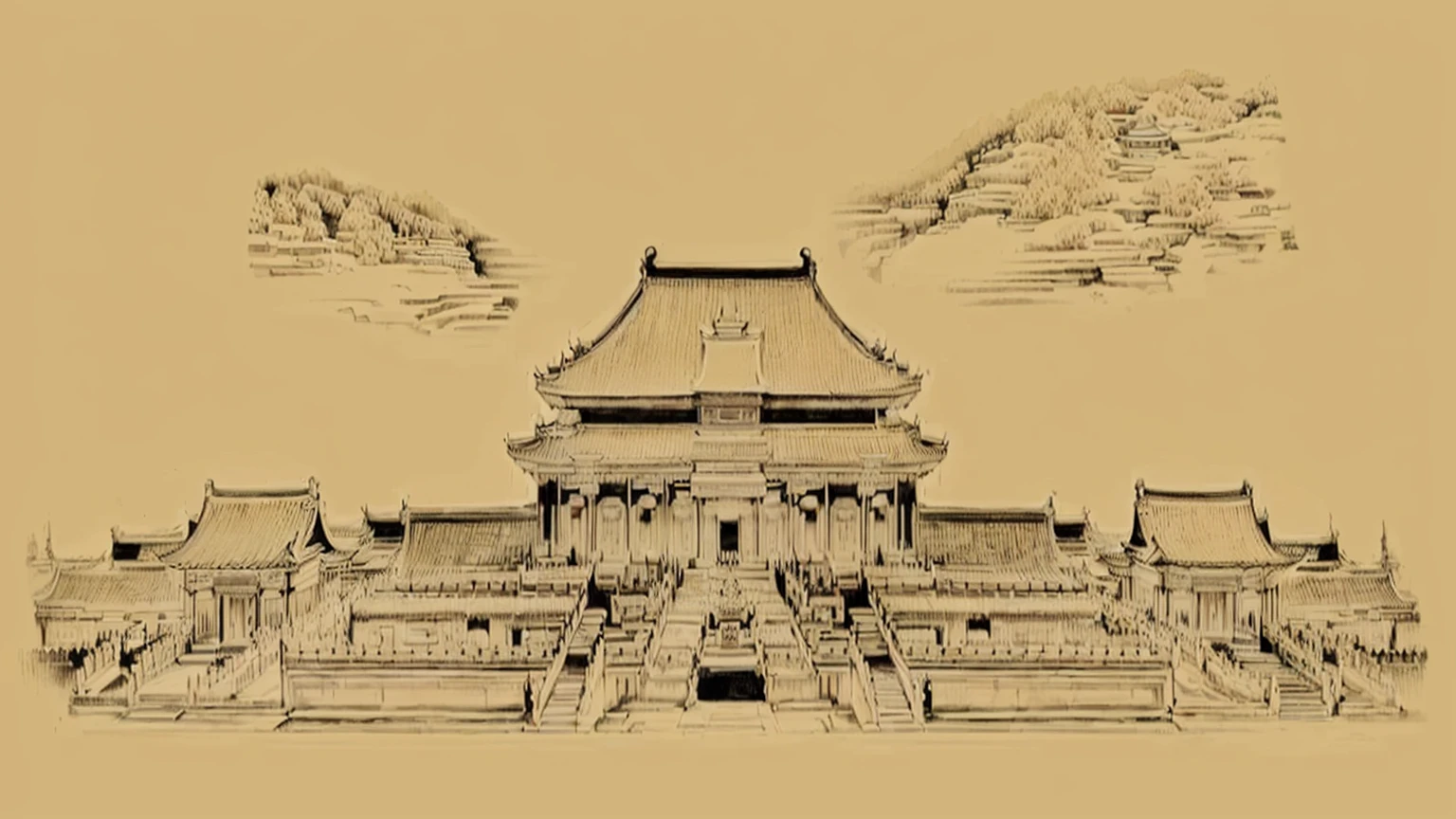 a drawing of a chinese temple with a pagoda in the background, tang dynasty palace, chinese palace, background depicting a temple, beautiful render of tang dynasty, temple background, ancient chinese architecture, traditional chinese, chinese architecture, chinese building, the imperial palace, ancient china art style, chinese heritage, chinese temple, palace background, historical image, by Xuande Emperor