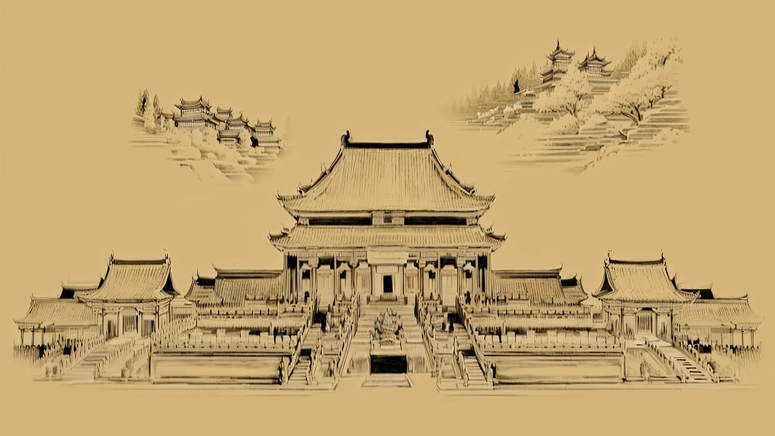 a drawing of a chinese temple with a pagoda in the background, tang dynasty palace, chinese palace, background depicting a temple, beautiful render of tang dynasty, temple background, ancient chinese architecture, traditional chinese, chinese architecture, chinese building, the imperial palace, ancient china art style, chinese heritage, chinese temple, palace background, historical image, by Xuande Emperor