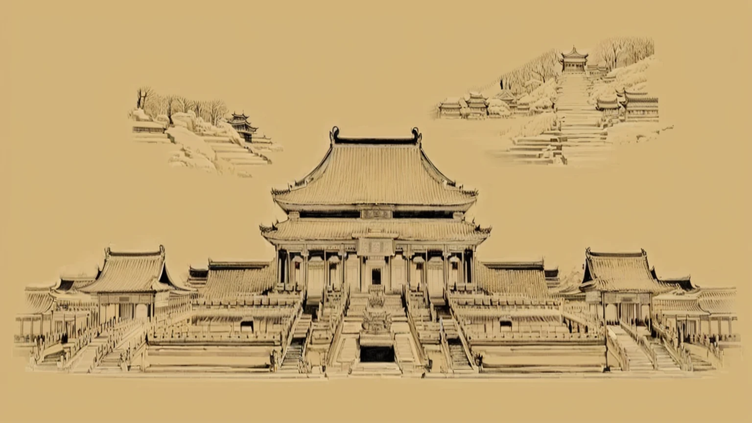 a drawing of a chinese temple with a pagoda in the background, tang dynasty palace, chinese palace, background depicting a temple, beautiful render of tang dynasty, temple background, ancient chinese architecture, traditional chinese, chinese architecture, chinese building, the imperial palace, ancient china art style, chinese heritage, chinese temple, palace background, historical image, by Xuande Emperor