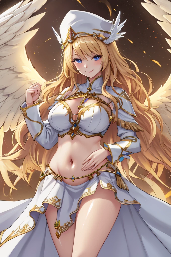 Priestessess,Valkyrie,Angel Wings,belly button,Side bust,Complex,Particles of light,Thighs,Shiny skin, Perfect lighting, One girl,  View your viewers,Winged hat,Pelvic Curtain, smile,(masterpiece), (Highest quality), Very large breasts, maternal, Porcelain-like skin, Honey Blonde Hair, Very long hair, Wavy Hair