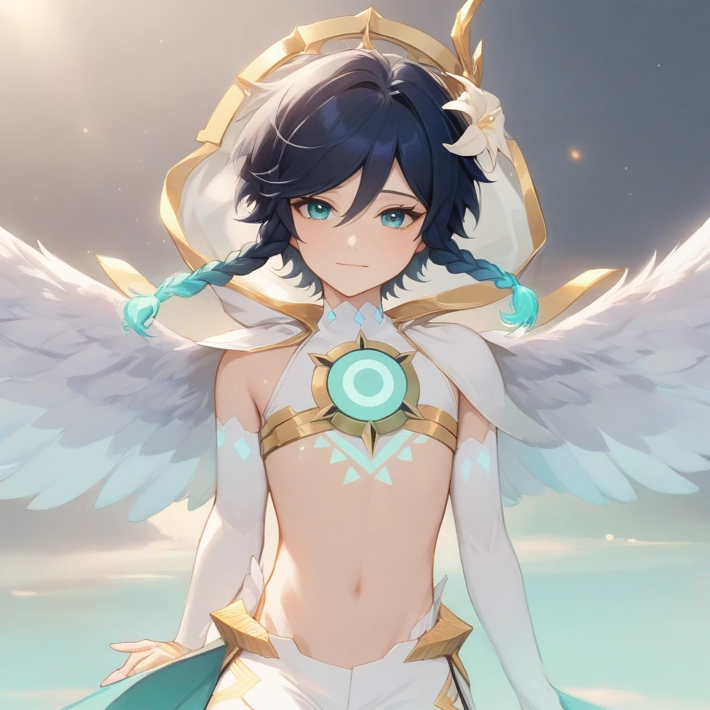 masterpiece,best quality,very aesthetic,absurdres,1boy,venti_/(archon/)_/(genshin_impact/),male_focus,detailed_eyes,(gnns:0.25),white feathered_wings,white halter crop top,white shorts,hair_flower,midriff,black blue hair gradient,twin braids,dsmile,((flat chest)),slender,small waist,starry_sky,moon,starry_sky_print,((bluegreen eyes)),slender,feathers,divine,detailed_eyes,long_eyelashes,pink_lips,glossy lips,narrow_waist,wide_hips,bare stomach,seductive,flirtatious,iridescent volumetric light, god rays, heavenly,cosmic,celestial,