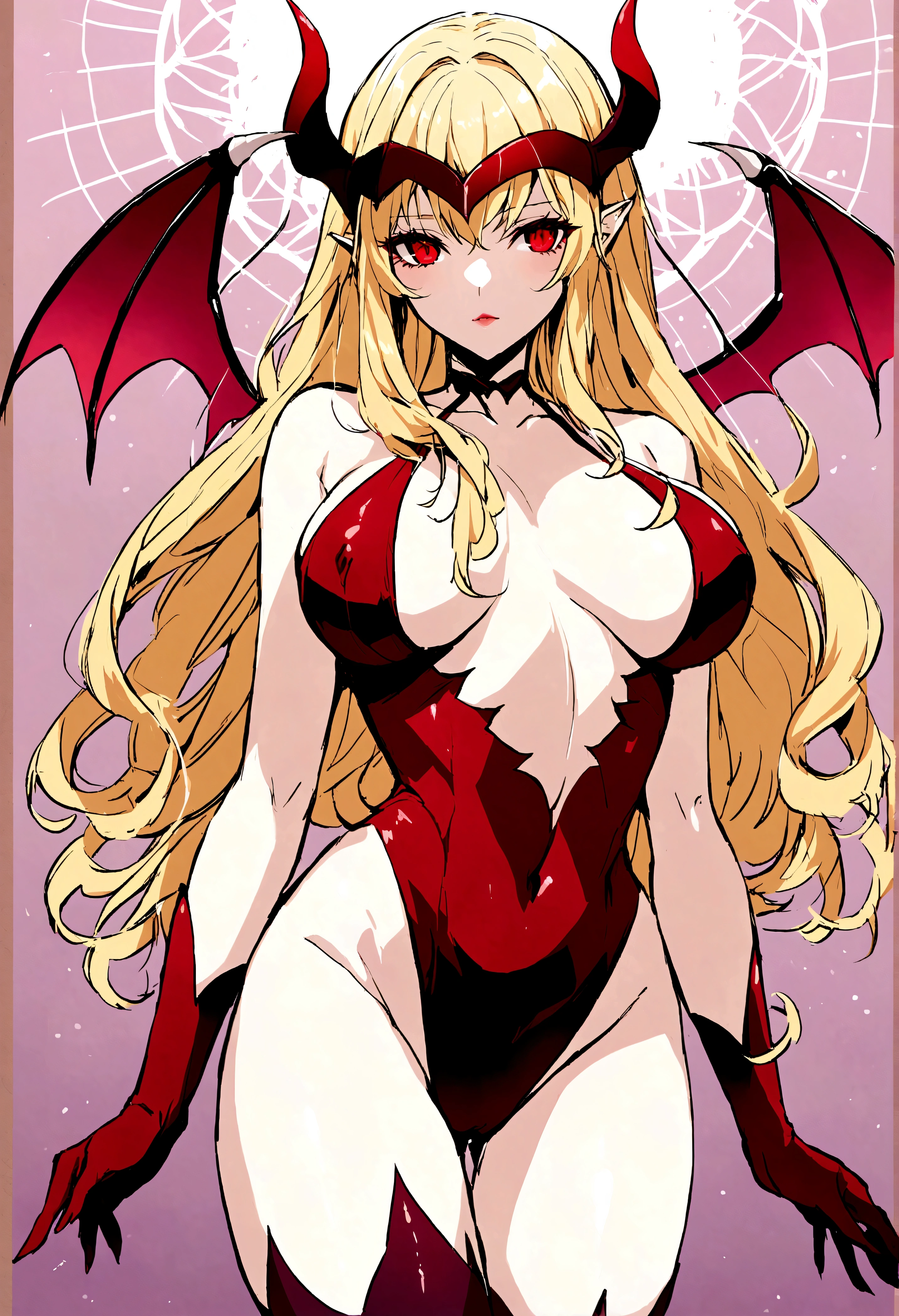 Blonde, red-eyed, busty succubus