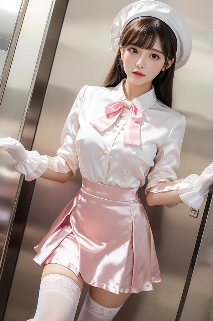 Highest quality、Low - Angle、Elevator Girl、Shiny silk formal jacket in pink、White blouse with big ribbon、Round collar、Micro Mini Skirt、Tight Skirt、A small round hat with a ribbon、Skinny、White gloves、White over-the-knee socks、Flushed Cheeks、Embarrassed look、Big Breasts、Put your hands on the skirt