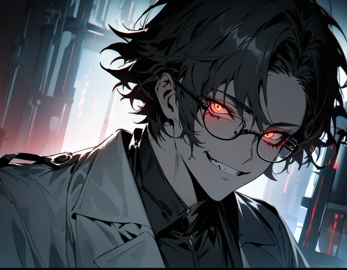 (masterpiece, best quality), detailed face, solo, 1man, messy short hair, bishounen, mad scientist, scientist coat, glasses, lens flare, maniacal smile, sharp eyes, glowing eyes, holding science test tube, in laboratory, dark shadows, contrast, science, sinister, portrait, handsome
