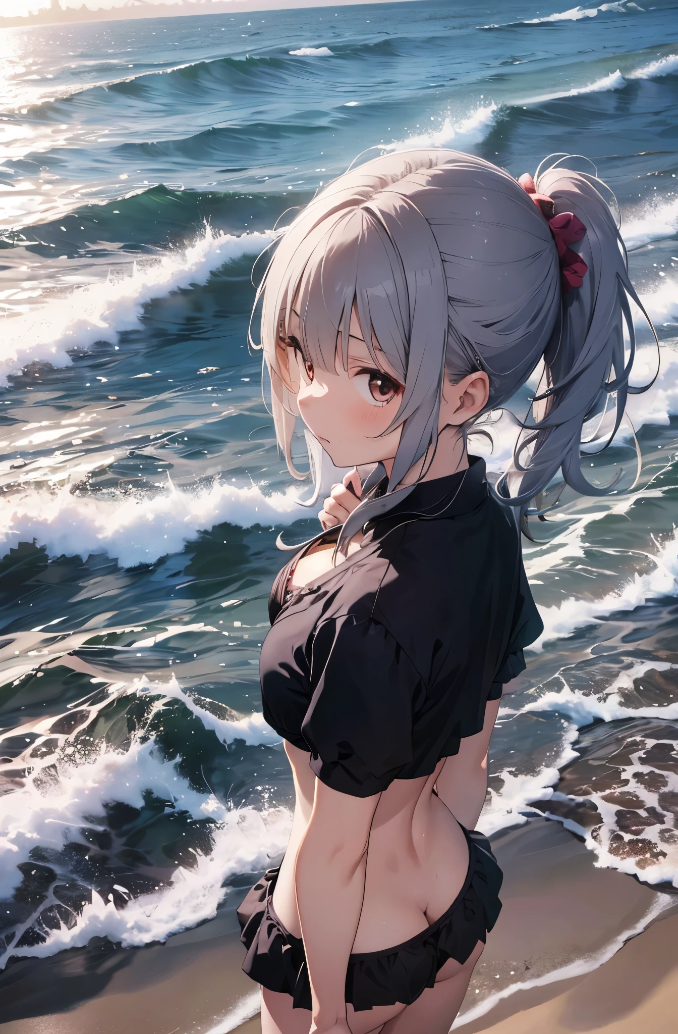 Silver-haired girl drawn in high resolution Japanese anime style、Standing alone on the white sand beach of a deserted island。She is wearing a gorgeous pink bikini.、Her hair is in a ponytail that sparkles in the light...。The sea in the background shines emerald green...、The beach is littered with shells and pebbles.、time々、Small waves gently wash up on the shore。Tropical wood々Swaying in the Wind、Mr...々Among the branches々Birds are singing..。wood々Colorful flowers blooming in abundance、The entire island is filled with abundant nature...。On the horizon of a distant sea、The setting sun casts a beautiful orange glow over the ocean.、It gives the whole place a mystical feel...。、Wakame seaweed、Wakame seaweed、Wakame seaweed、Wakame seaweed、Wakame seaweed、Wakame seaweed、