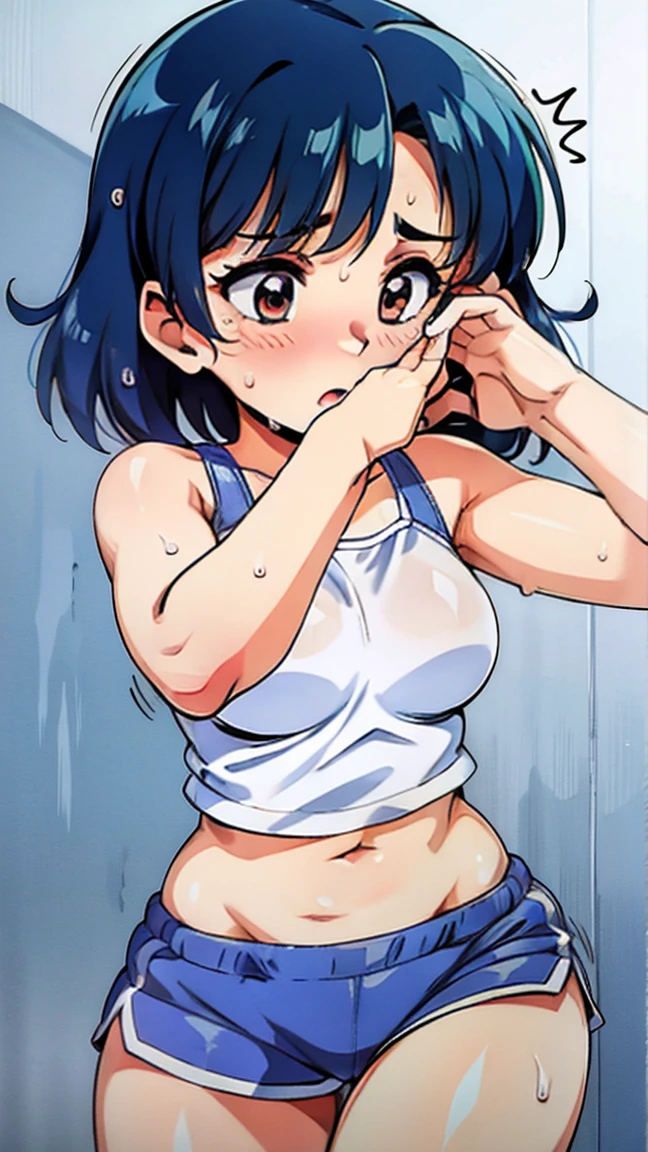 Exercise and sweat、(towel)、(Illustration of a woman wiping her face)。T-Shirts、Shorts。slender、Adult women。(8Life size)。running、