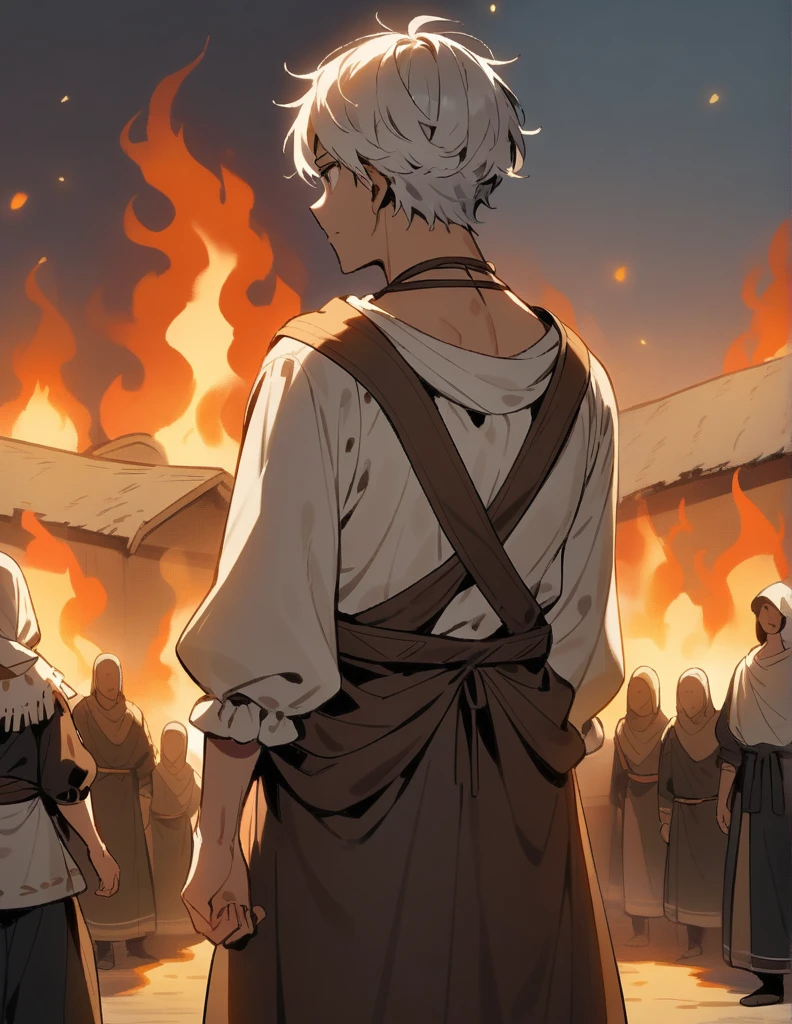 small Greek boy with white hair, wearing peasant clothes, with his back turned, in front of his village that is being set on fire