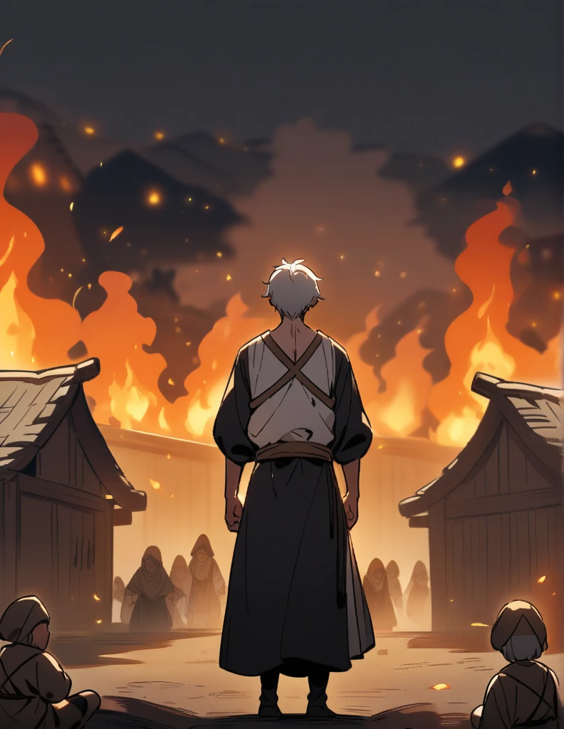 small Greek boy with white hair, wearing peasant clothes, with his back turned, in front of his village that is being set on fire