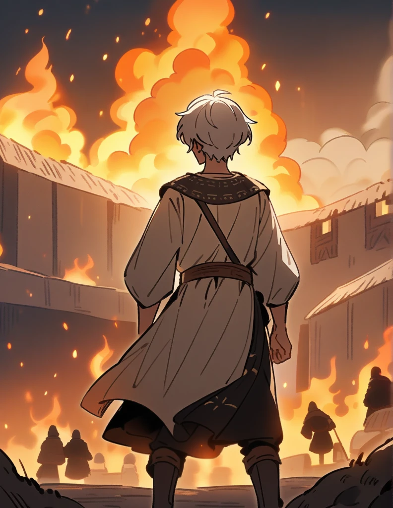  Greek boy with white hair, wearing peasant clothes, with his back turned, in front of his village that is being set on fire