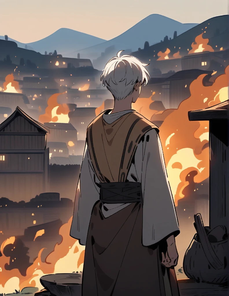 small Greek boy with white hair, wearing peasant clothes, with his back turned, in front of his village that is being set on fire