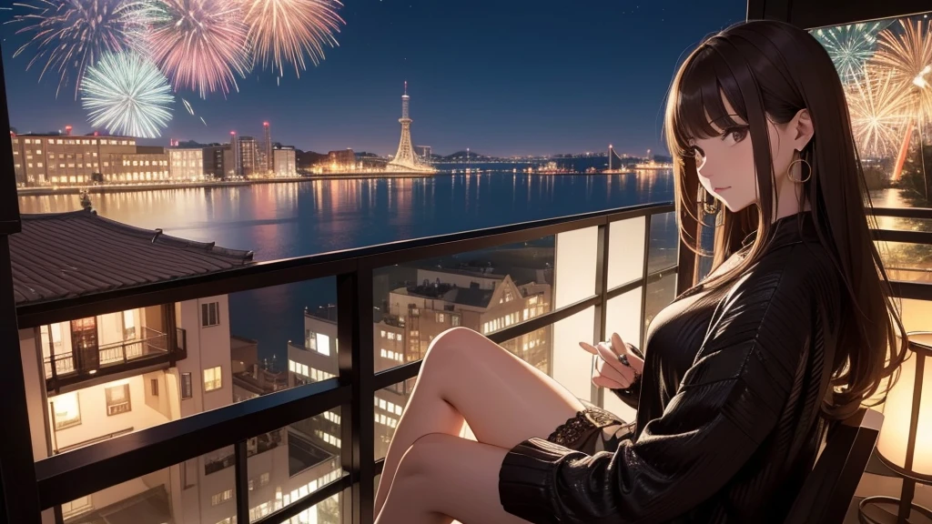 (Super detailed,High resolution,masterpiece:1.2) Night view from the balcony or terrace, You can see big fireworks。View of Japanese apartment buildings in the background. Focus on women in their 20s to 40s with calm expressions. She has stylish hair, Light Brown Hair. She is wearing a jacket over a long-sleeved top.、Accessorized with earrings, bracelet, watch. It showcases the woman's appearance and the architectural details of the surrounding buildings..(Highest quality:1.2), Super detailed, High resolution, Tabletop:1,2, Vibrant colors, Bokeh, Professional Lighting, Physically Based Rendering, Flat Color:0.8, Fine 図, Realistic:1.37, Shinkai Makoto style, Your name style, Light brown hair, Elegant update,ponytail,Bun Hair。髪型Flat Color: 0.8)、(masterpiece: 1,2)、(masterpiece: 1,2)、High resolution、Ultra high definition、Highest quality、High resolution、