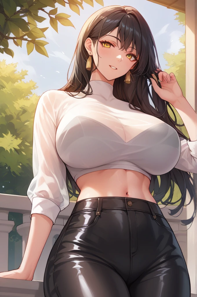 black hair,yellow eyes,(high quality eyes),masterpiece, best quality, high quality, highres, outdoors, looking at viewer, white shirt,see through crop top, midriff, navel, black latex pants, Jenny, tall female,big breasts, tassel earrings,