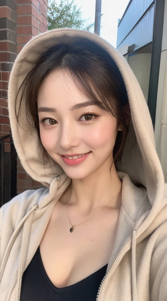 ((Highest quality、In 8K、masterpiece:1.3))、(ハイponytailのヘアスタイル、Dark brown hair)、、(Wear a lightweight hood:1.3)、(Instagram selfie poses:1.2)、(A pure and elegant girl)Beautiful feet、Human whole body、、Small Ass、One Girl、Beautiful Japanese Women:1.3、(ponytail、 outside:1.2)、Wear a lightweight hood:1.2、Beautiful woman with perfect style:1.4、Perfect Eyes、Calm Eyes、Perfect Iris、Perfect Lips、Natural smile、Smiling Face、Perfect Skin、Do not polish、Super detailed face、Delicate eyes、double eyelid、Exposed cleavage、Soft Breasts