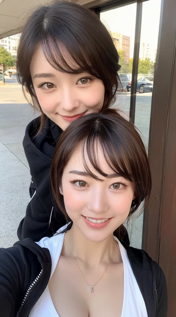 ((Highest quality、In 8K、masterpiece:1.3))、(ハイponytailのヘアスタイル、Dark brown hair)、、(Wear a lightweight hood:1.3)、(Instagram selfie poses:1.2)、(A pure and elegant girl)Beautiful feet、Human whole body、、Small Ass、One Girl、Beautiful Japanese Women:1.3、(ponytail、 outside:1.2)、Wear a lightweight hood:1.2、Beautiful woman with perfect style:1.4、Perfect Eyes、Calm Eyes、Perfect Iris、Perfect Lips、Natural smile、Smiling Face、Perfect Skin、Do not polish、Super detailed face、Delicate eyes、double eyelid、Exposed cleavage、Soft Breasts