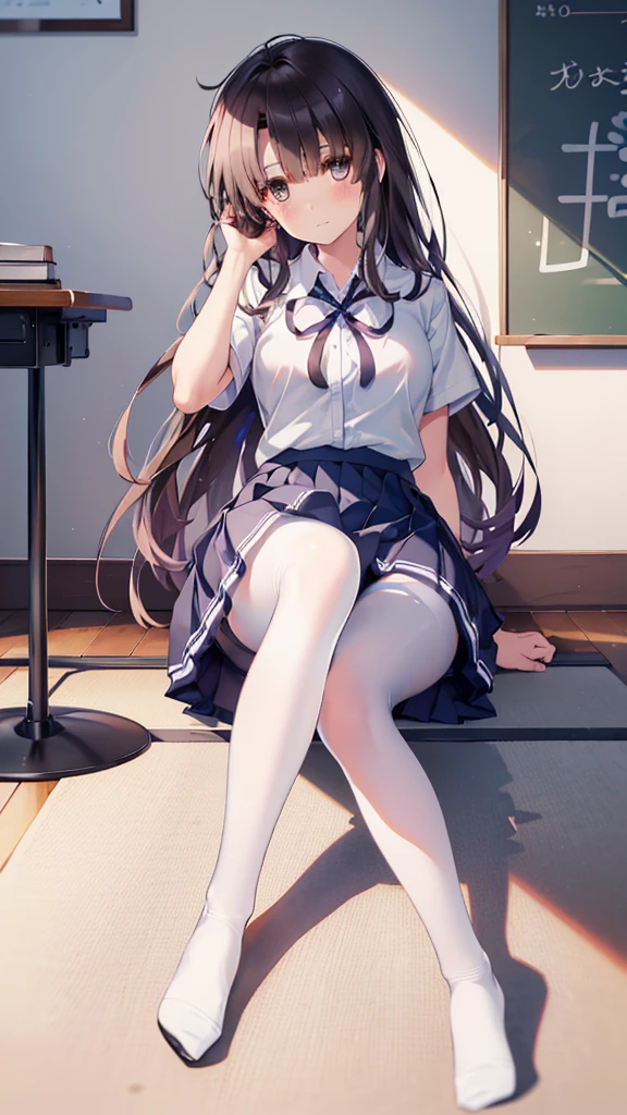 (8K、Best image quality、Highest quality、masterpiece)、One tall girl、((whole body))、Sit on the floor with your legs spread、White panties are visible、Long Hair、Wavy Hair、blush、Medium Bust、White collared shirt、Short sleeve、((Checkered pleated mini skirt))、Classroom Background、((black tights))、Black Pantyhose、((No shoes))