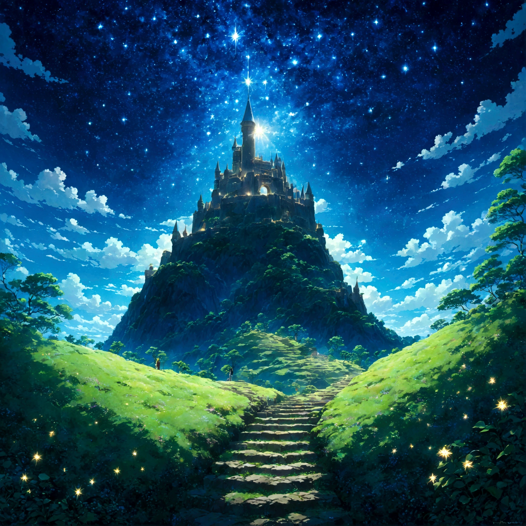 Countless stars shine、Pitch black night sky。among them、Laputa: Castle in the Skyが、As if plucked from an ancient myth、Slowly revealing itself。Diagonally forwardから捉えたラピュタは、The superstructure is covered in greenery、Complex mechanical device、And then a giant flying stone shoots out、mysteriousな青い光が、Surrounding stars々Shine with、Showing beauty beyond words。beautifulAnime Scenery, Landscape painting, beautifulデジタル絵画, Andreas Rocha, beautifulアートワークのイラスト, Awesome Wallpapers, Raymond Han, 背の高いbeautiful絵画, Studio Ghibli Makoto Shinkai, beautiful壁紙, Anime Scenery, Laputa: Castle in the Sky, Starry Sky, Diagonally forward, grow, mysterious, beautiful, Humans don't draw