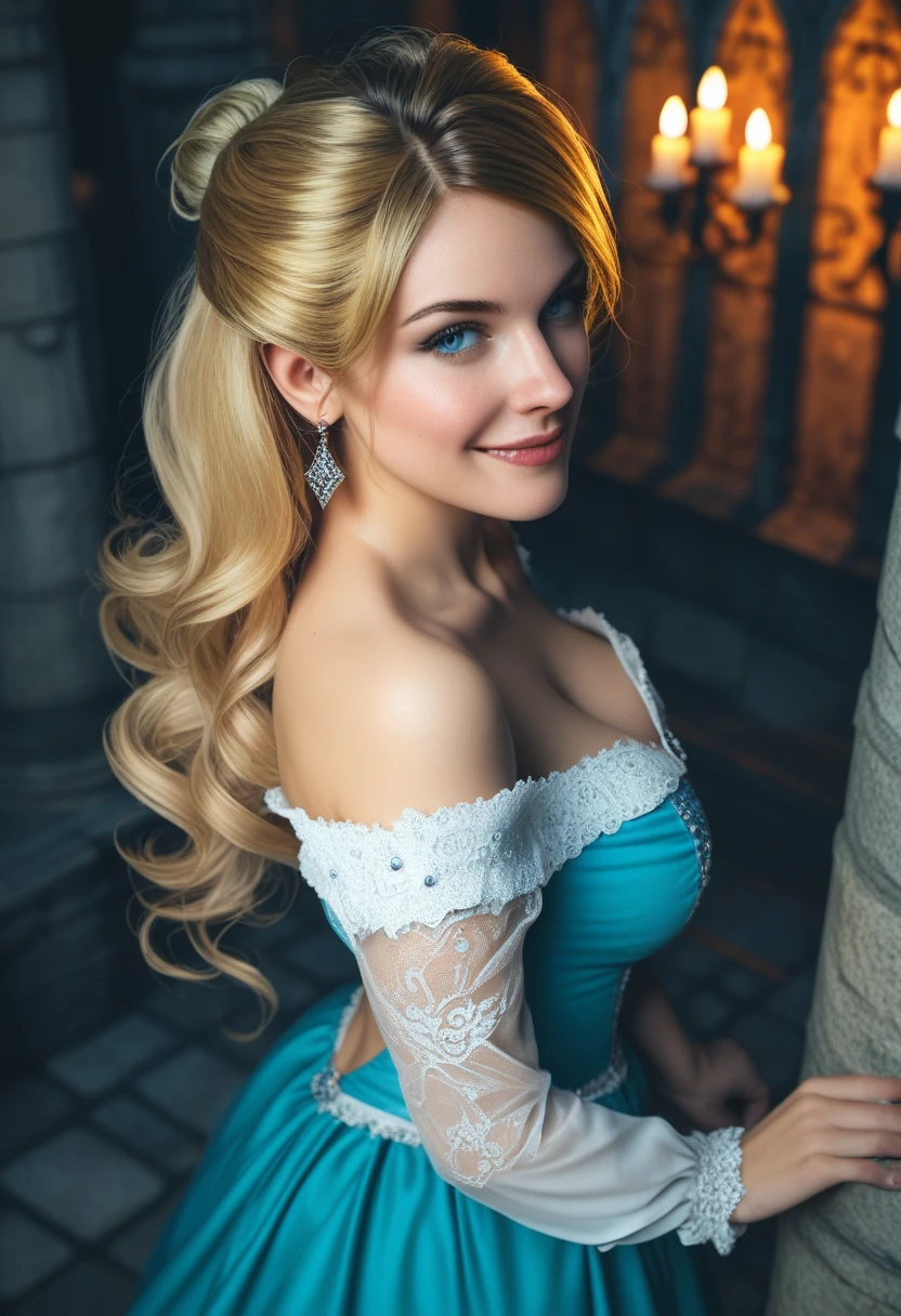 Cara Delevingne, score_9, score_8_above, score_7_above, 1girl, large_breasts, royal_garden, medieval_castle, elegant_green_dress, off_shoulder_dress, evil_smile, cute_woman, blonde, long_hair, side view, from_above, night, moonlight, cinematic film still, RAW photo, perfect lighting, volumetric lighting, Galadriel, stuning, goddess, blue_eyes, HD32k, realistic, realistic skin texture, detailed picture
