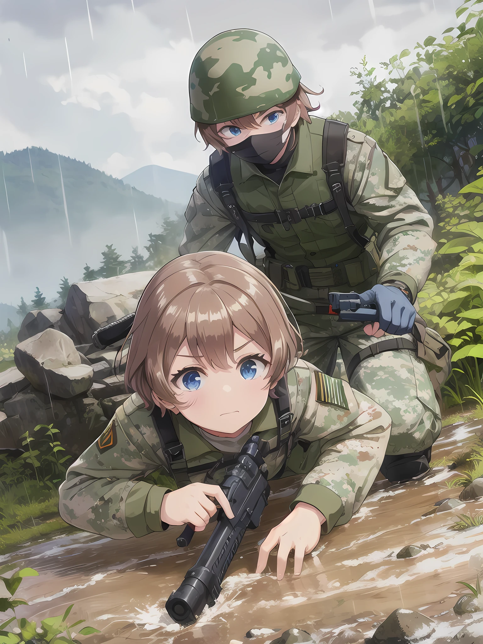 high quality,masterpiece,************,blue eyes,Outdoor,顔 focus,Brown Hair, short hair, Military camouflage uniform,Green helmet,heavy rain,In the mountains,cloudy,Muddy clothes,He has a gun,Crawling on the ground,Point the gun this way,serious,Ruthless eyes,Intense gunfight,explosion,Many corpses