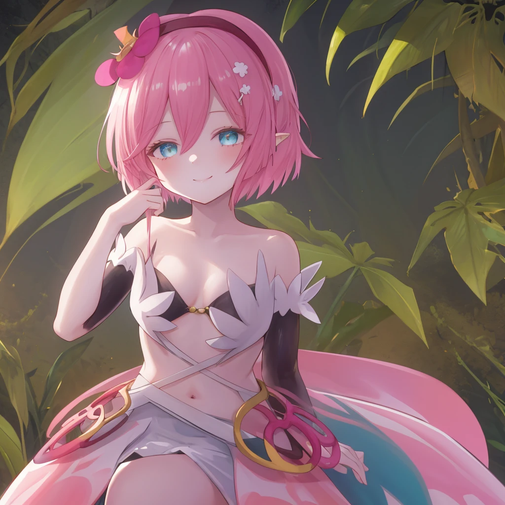 Traptrix, (best quality, masterpiece1.2), 1 girl, solo, smile, pink hair, short hair, cyan eyes, plant, desert backgroud, best quality, highres,