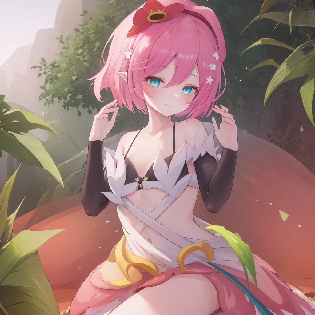 Traptrix, (best quality, masterpiece1.2), 1 girl, solo, smile, pink hair, short hair, cyan eyes, plant, desert backgroud, best quality, highres,