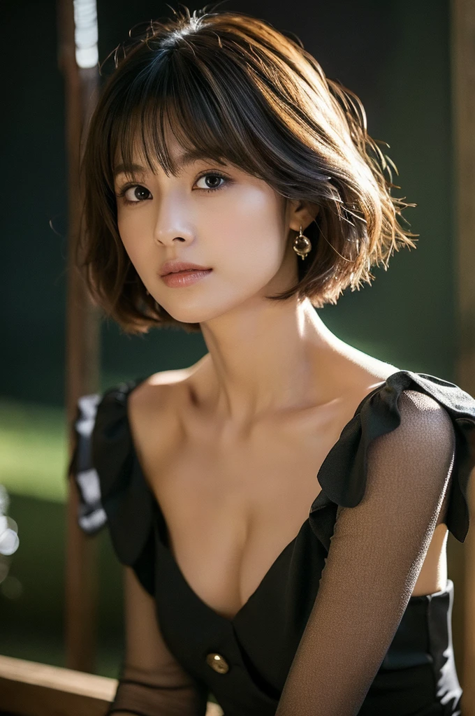 prospect: Gorgeous Woman , short hair blown by the wind. She is playing with the camera with a faint smile.., (In the Dark), , Perfect Eyes, Perfect hands, Perfect body, Perfect Hair, Accurate身体, masterpiece, Accurate, Anatomically correct, Rough skin, Very detailed, Advanced Details, high quality, 最high quality, High resolution, 16K, 8K, Looking into the camera,Bold mini dress、Thighs