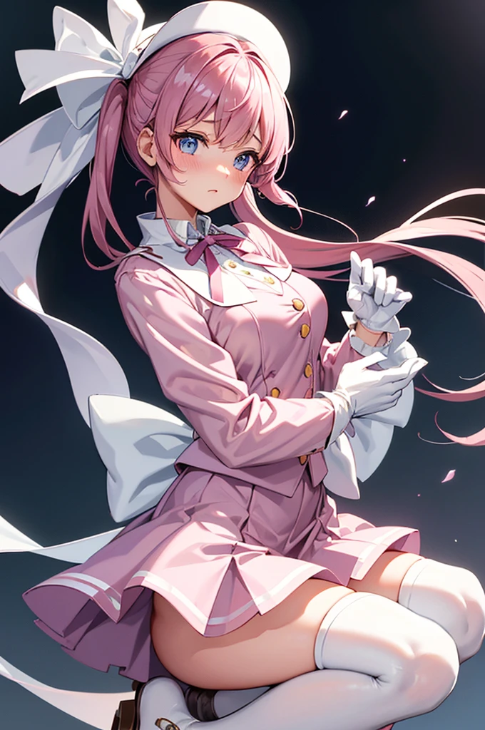Highest quality、Low - Angle、Elevator Girl、Shiny silk formal jacket in pink、White blouse with big ribbon、Round collar、Micro Mini Skirt、Tight Skirt、A small round hat with a ribbon、Skinny、White gloves、White over-the-knee socks、Flushed Cheeks、Embarrassed look、Big Breasts、Put your hands on the skirt