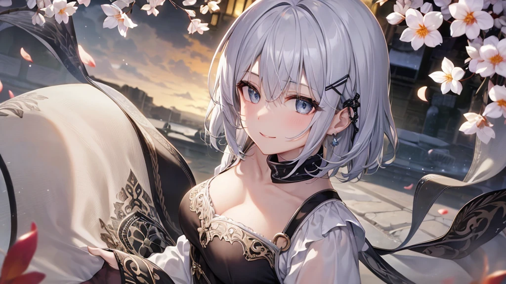 Her eyes were shining、Mysterious and enchanting atmosphere。With AI Painting、とてもShort Hair, Long bangs between the eyes, Very detailed,(masterpiece、Highest quality)、alone、Gray Hair、Fantasy, Silver Hair, Fantasyな風景、White shirt、smile、Open your mouth、Scarf、short hair、Short Hair、hairpin、black eye、Grey Eyes、Beautiful Eyes
