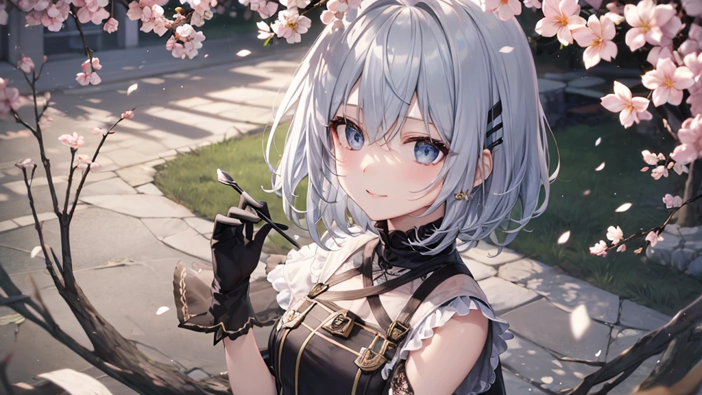 Her eyes were shining、Mysterious and enchanting atmosphere。With AI Painting、とてもShort Hair, Long bangs between the eyes, Very detailed,(masterpiece、Highest quality)、alone、Gray Hair、Fantasy, Silver Hair, Fantasyな風景、White shirt、smile、Open your mouth、Scarf、short hair、Short Hair、hairpin、black eye、Grey Eyes、Beautiful Eyes