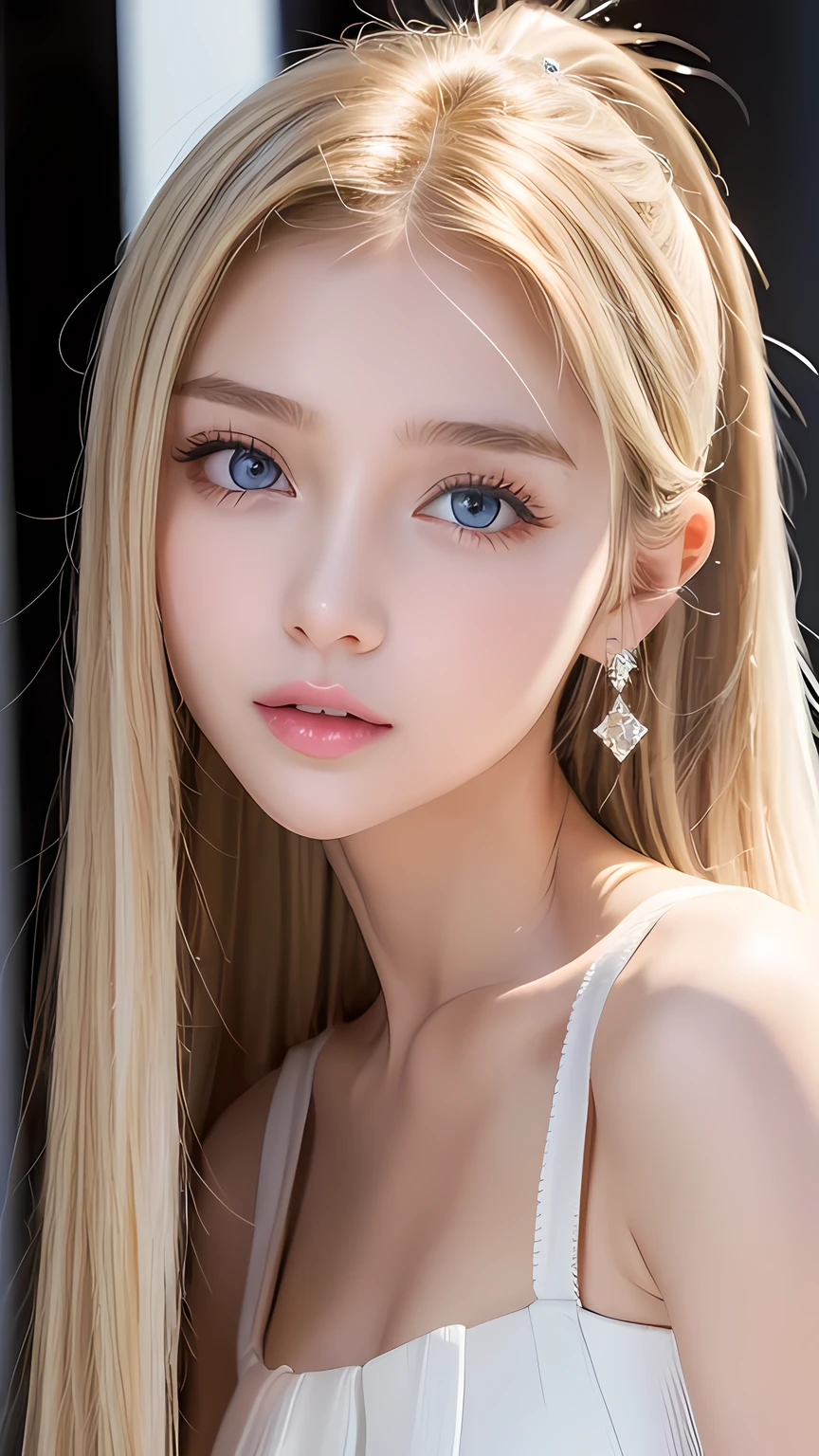 Portrait、、Bright expression、ponytail、Young, lustrous, glowing, white skin、Cheek highlight、The best beauty、Clear, silky blonde hair with dazzling highlights、Shiny bright hair,、Super long silky straight hair、Shiny beautiful bangs、Big bright blue eyes like sparkling jewels、Very beautiful lovely cute girl、Ample Bust