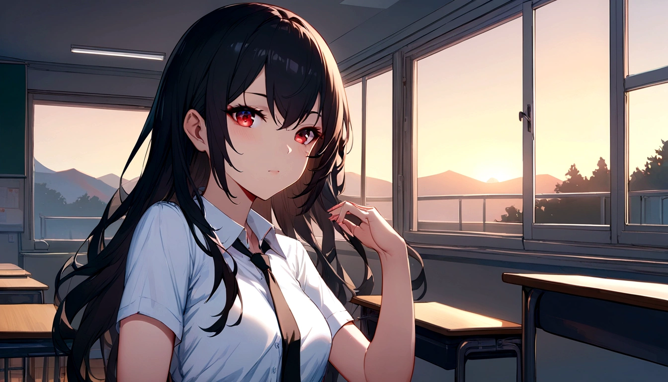 Red eyes, Black Hair, Long Hair,tie, girl,One person,
Collared shirt, White shirt, Short sleeve, Pleated skirt, student, Highest quality, masterpiece, High resolution, summer,evening,Xin Haicheng,classroom