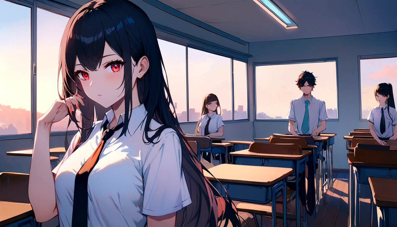 Red eyes, Black Hair, Long Hair,tie, girl,One person,
Collared shirt, White shirt, Short sleeve, Pleated skirt, student, Highest quality, masterpiece, High resolution, summer,evening,Xin Haicheng,classroom