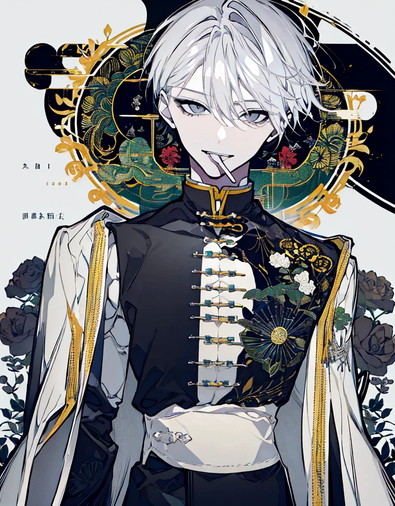 High resolution male Character portrait whole body White background Close ~ eyes Suspicious Laughter Lift the corners of your mouth tall Silver Hair Yellow Eyes Chinese style black clothes sunglasses smile Putting a cigarette in your mouth Double teeth Grinning face