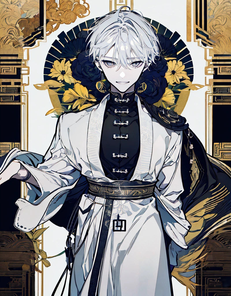 High resolution　male　Character portrait　whole body　White background　Close ~ eyes　Suspicious Laughter　Lift the corners of your mouth　tall　Silver Hair　Yellow Eyes　Chinese style black clothes　sunglasses　smile　Putting a cigarette in your mouth　Double teeth　Grinning face